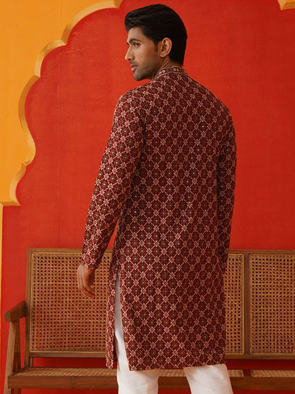 Men’s Maroon Geometric Sequinned Kurta – Viscose Rayon, Mandarin Collar