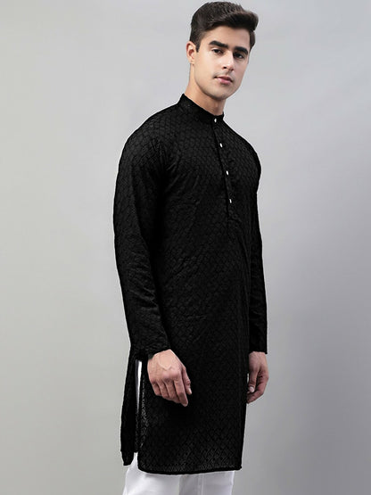 Men’s Black Embroidered Mandarin Collar Cotton Kurta