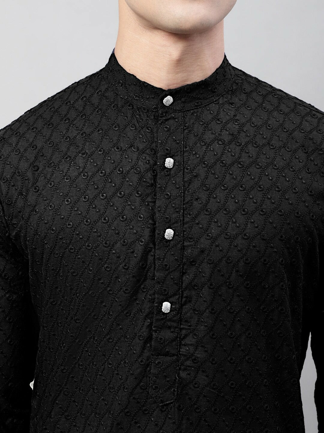 Men’s Black Embroidered Mandarin Collar Cotton Kurta