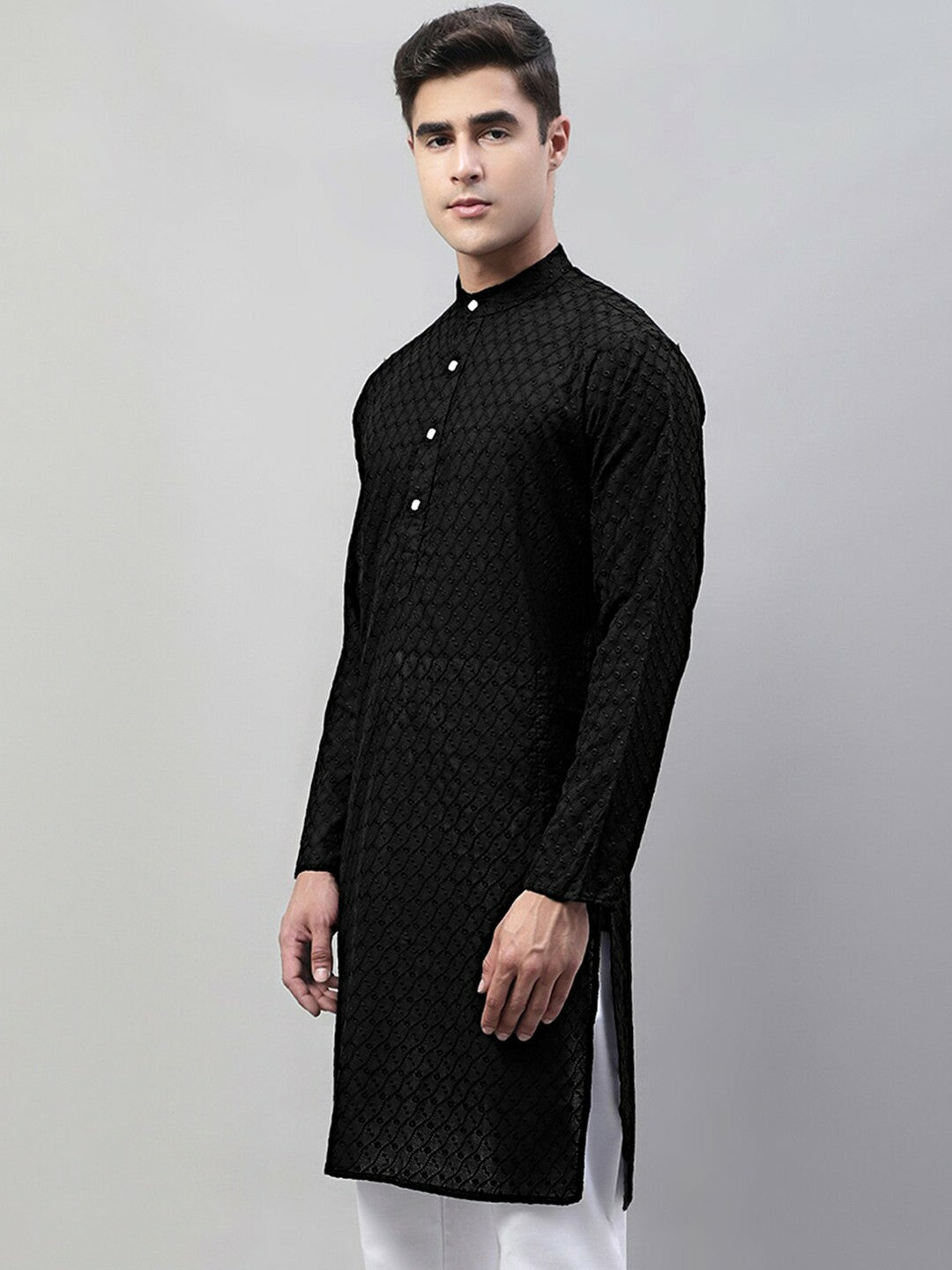 Men’s Black Embroidered Mandarin Collar Cotton Kurta