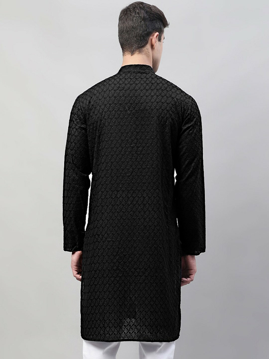 Men’s Black Embroidered Mandarin Collar Cotton Kurta