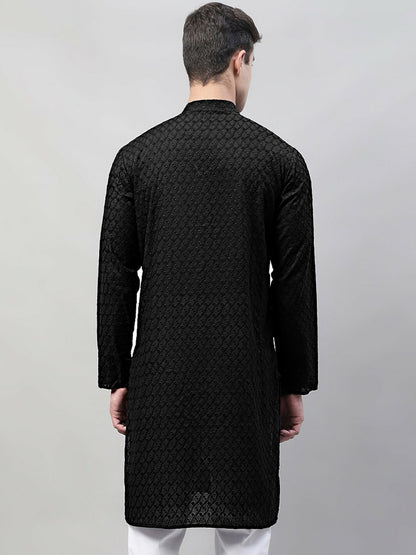 Men’s Black Embroidered Mandarin Collar Cotton Kurta