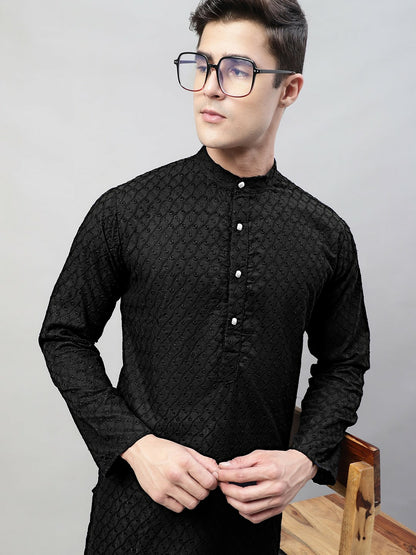 Men’s Black Embroidered Mandarin Collar Cotton Kurta