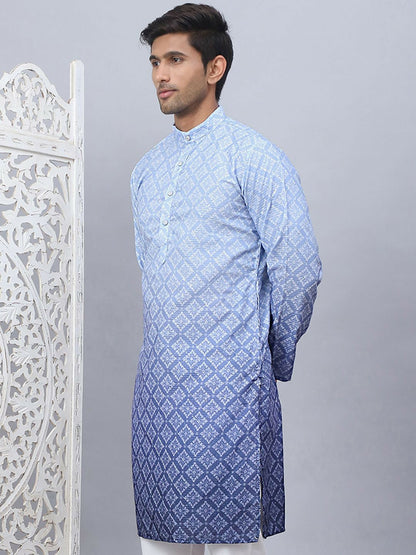 Men’s Blue Ethnic Print Kurta – Pure Cotton with Mandarin Collar