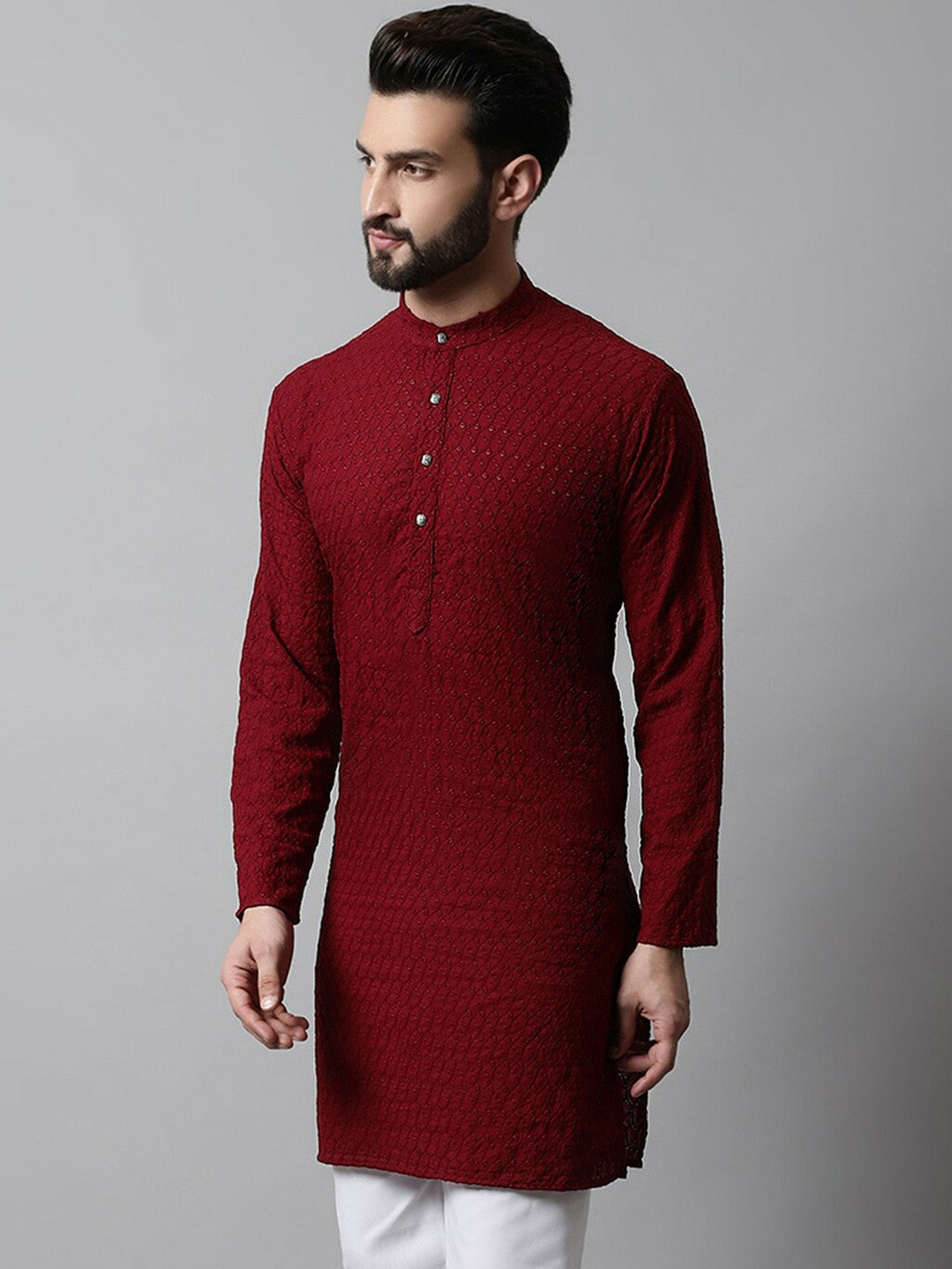Men’s Maroon Embroidered Mandarin-Collar Cotton Kurta
