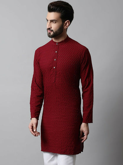Men’s Maroon Embroidered Mandarin-Collar Cotton Kurta