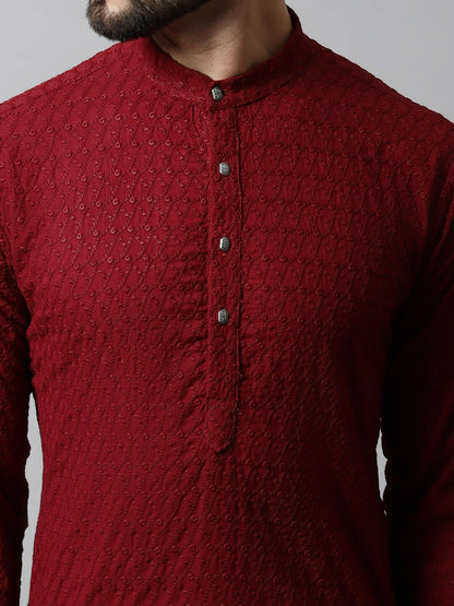 Men’s Maroon Embroidered Mandarin-Collar Cotton Kurta