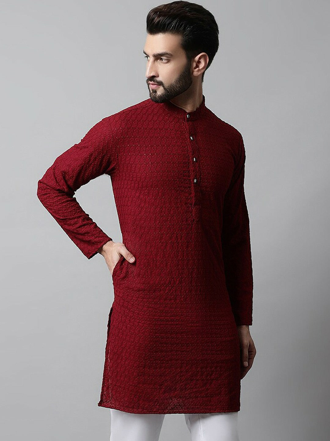 Men’s Maroon Embroidered Mandarin-Collar Cotton Kurta