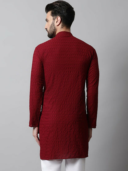 Men’s Maroon Embroidered Mandarin-Collar Cotton Kurta