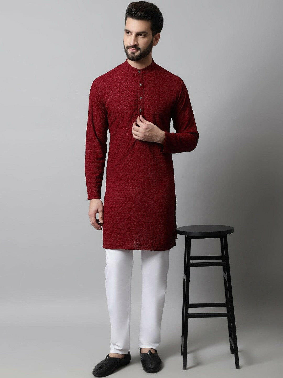 Men’s Maroon Embroidered Mandarin-Collar Cotton Kurta