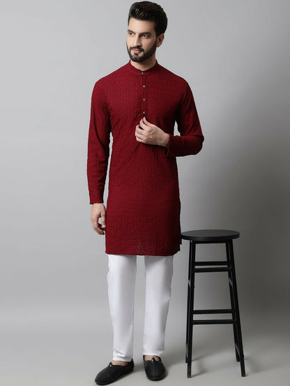 Men’s Maroon Embroidered Mandarin-Collar Cotton Kurta