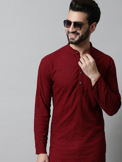 Men’s Maroon Embroidered Mandarin-Collar Cotton Kurta