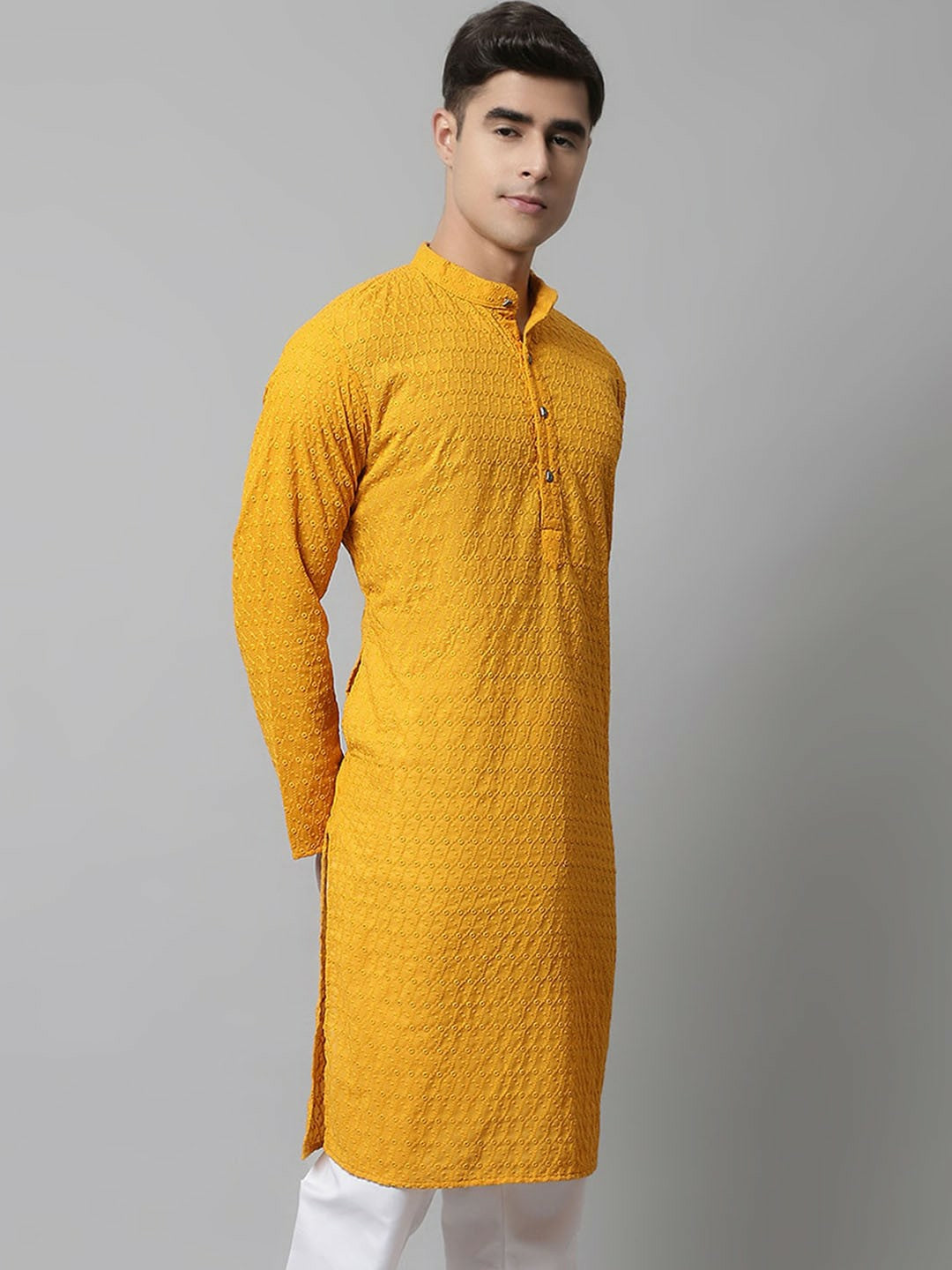 Men’s Mustard Yellow Embroidered Cotton Kurta – Mandarin Collar