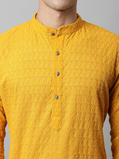 Men’s Mustard Yellow Embroidered Cotton Kurta – Mandarin Collar