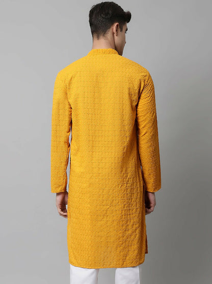 Men’s Mustard Yellow Embroidered Cotton Kurta – Mandarin Collar