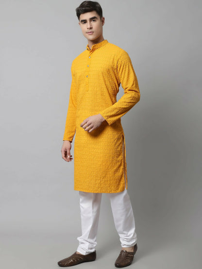 Men’s Mustard Yellow Embroidered Cotton Kurta – Mandarin Collar