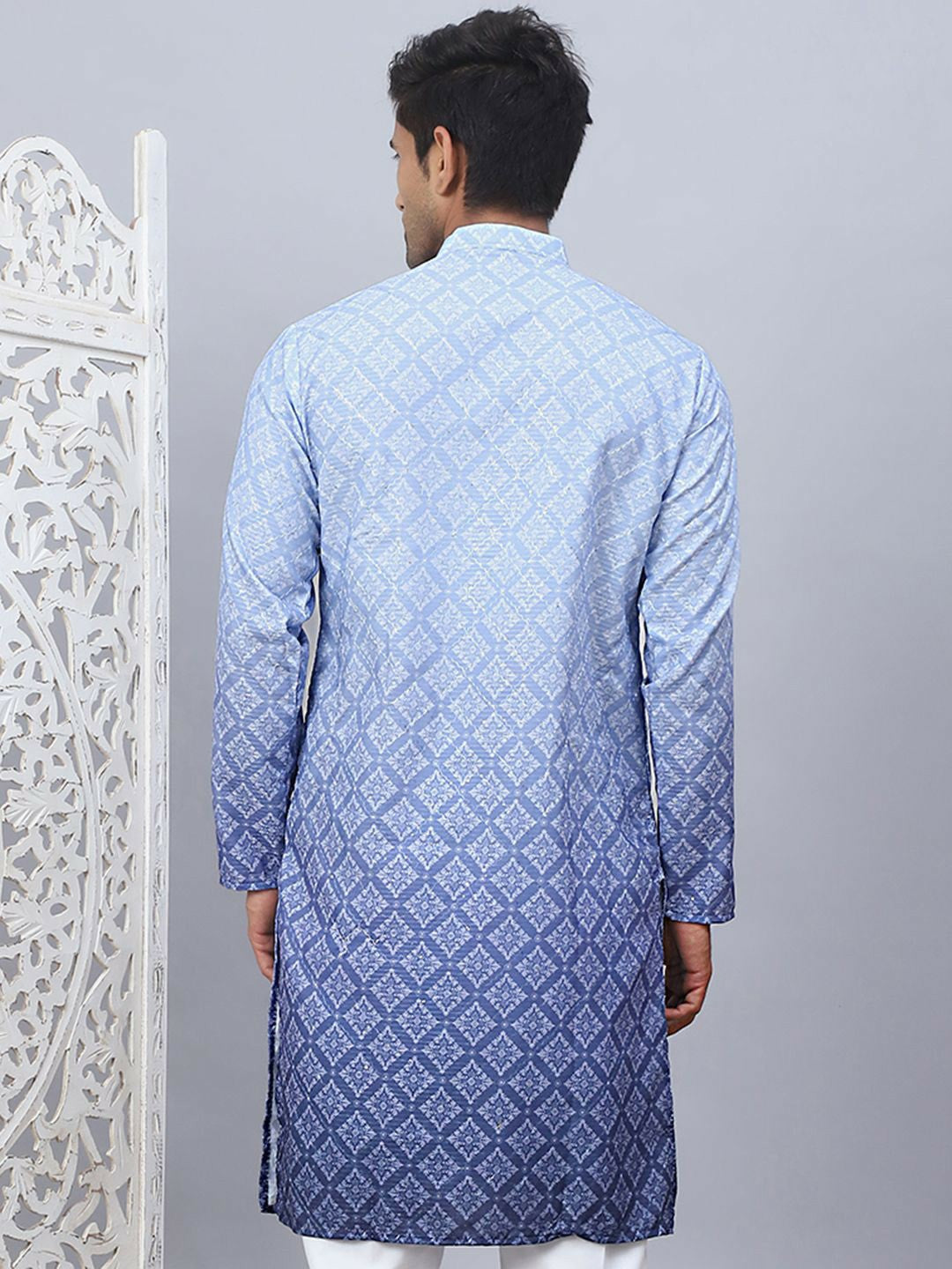 Men’s Blue Ethnic Print Kurta – Pure Cotton with Mandarin Collar