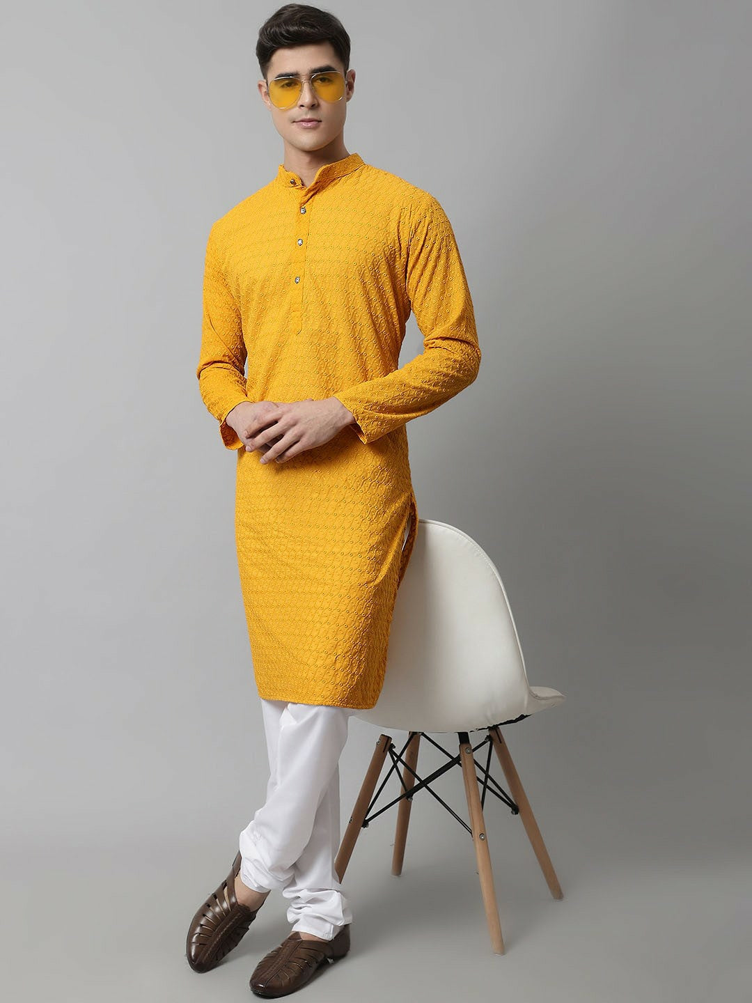 Men’s Mustard Yellow Embroidered Cotton Kurta – Mandarin Collar