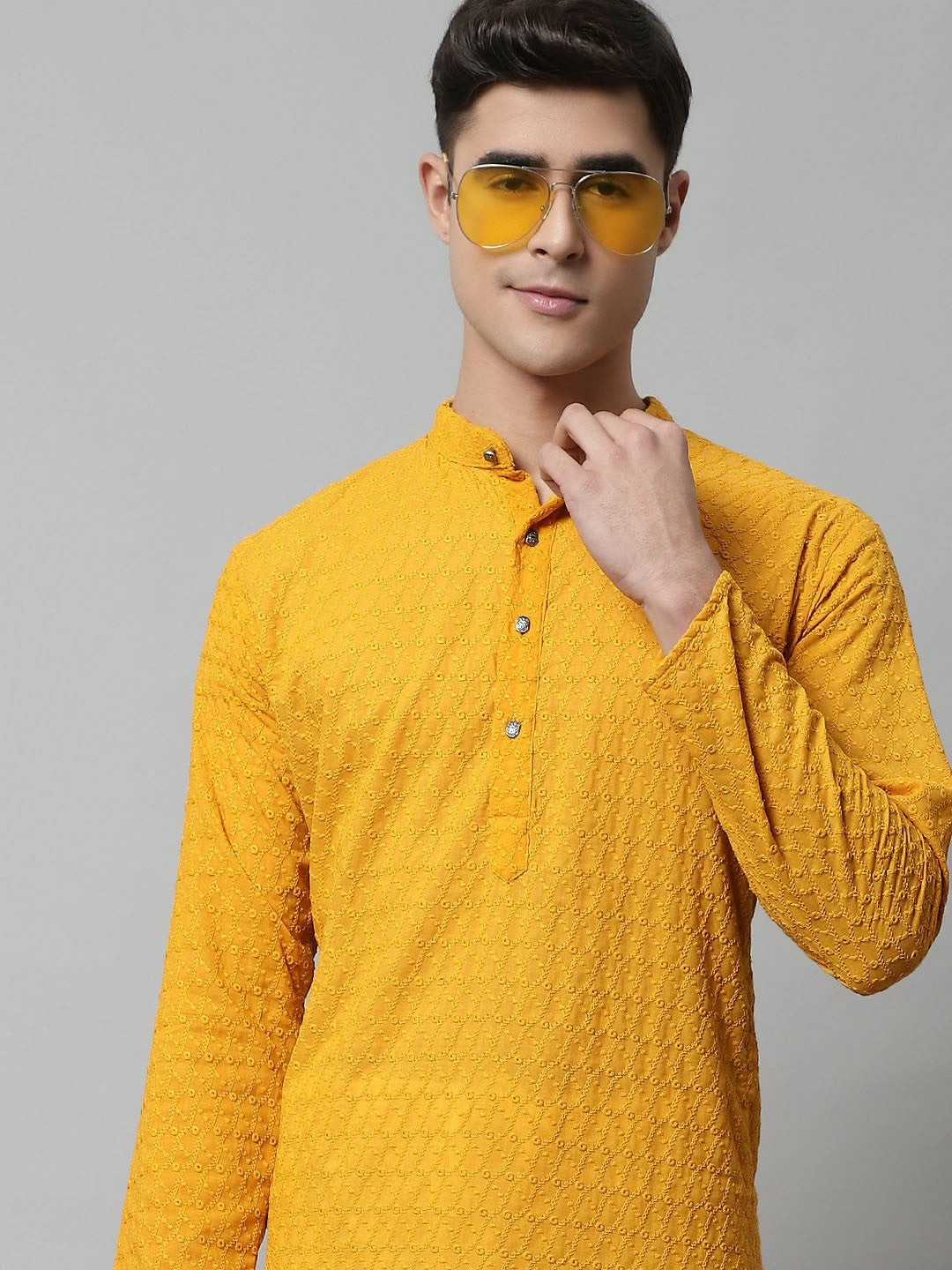 Men’s Mustard Yellow Embroidered Cotton Kurta – Mandarin Collar