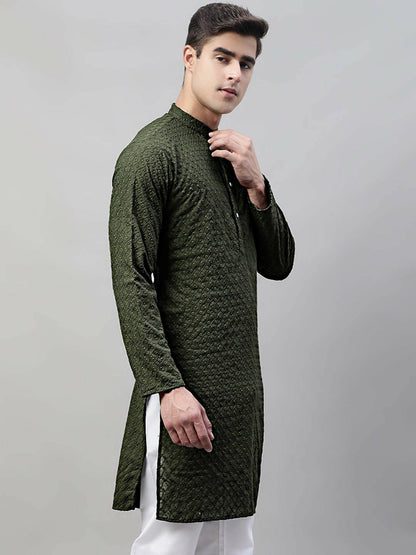 Men’s Olive Green Embroidered Cotton Kurta – Mandarin Collar, Pure Cotton