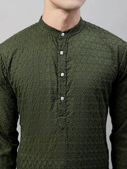 Men’s Olive Green Embroidered Cotton Kurta – Mandarin Collar, Pure Cotton