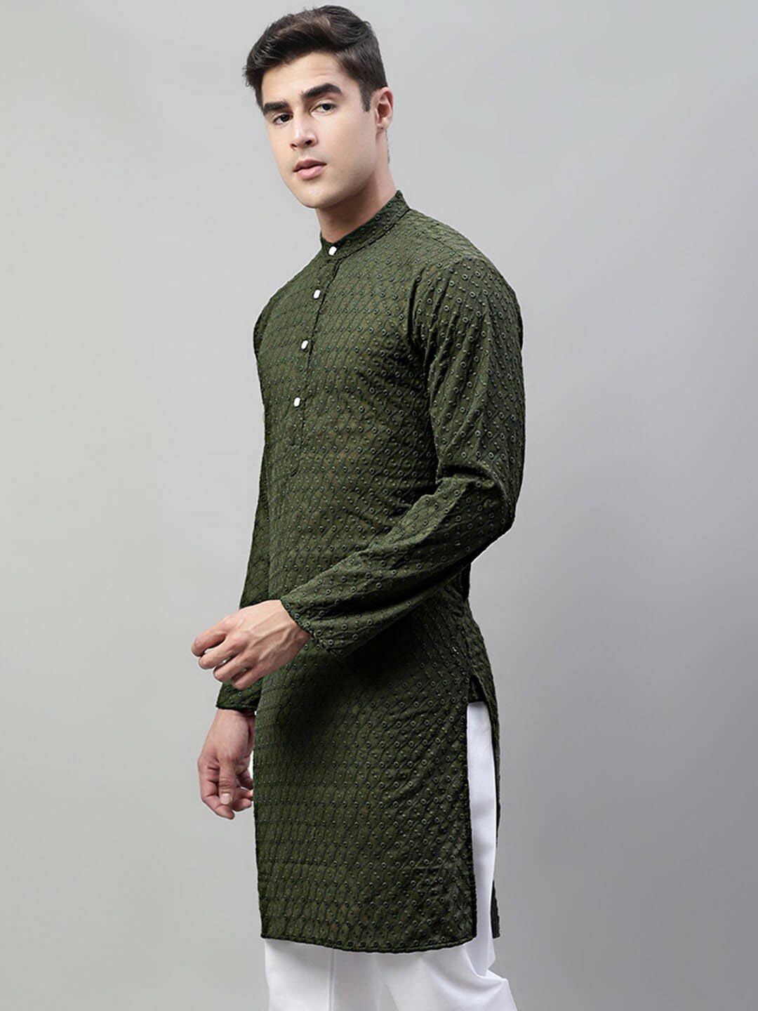 Men’s Olive Green Embroidered Cotton Kurta – Mandarin Collar, Pure Cotton