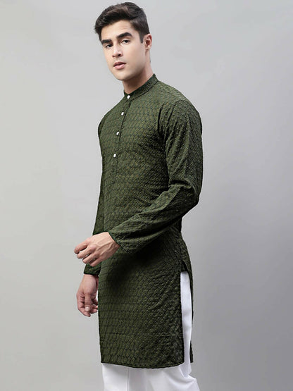 Men’s Olive Green Embroidered Cotton Kurta – Mandarin Collar, Pure Cotton