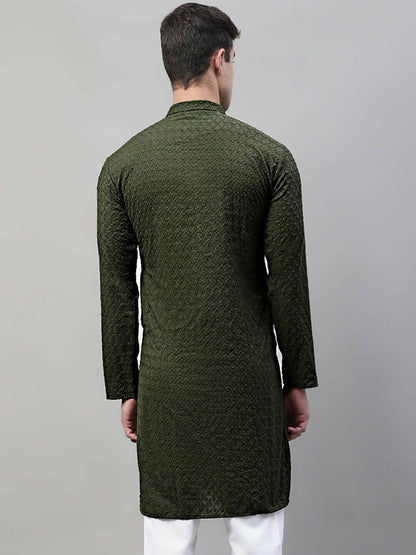 Men’s Olive Green Embroidered Cotton Kurta – Mandarin Collar, Pure Cotton
