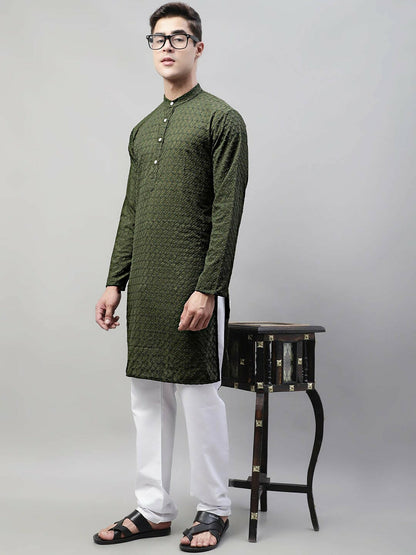Men’s Olive Green Embroidered Cotton Kurta – Mandarin Collar, Pure Cotton