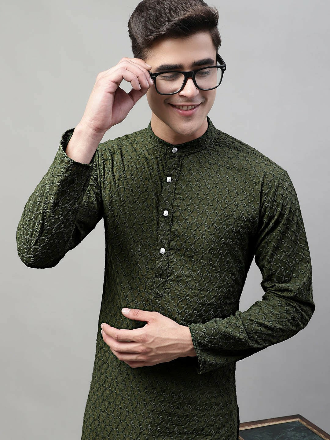 Men’s Olive Green Embroidered Cotton Kurta – Mandarin Collar, Pure Cotton