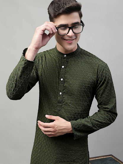 Men’s Olive Green Embroidered Cotton Kurta – Mandarin Collar, Pure Cotton