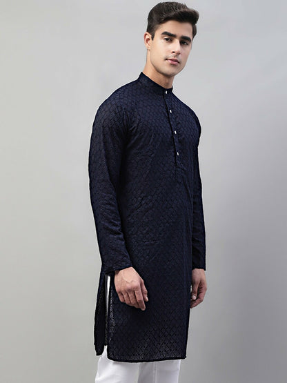 Men’s Navy Blue Embroidered Cotton Kurta – Mandarin Collar