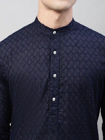 Men’s Navy Blue Embroidered Cotton Kurta – Mandarin Collar
