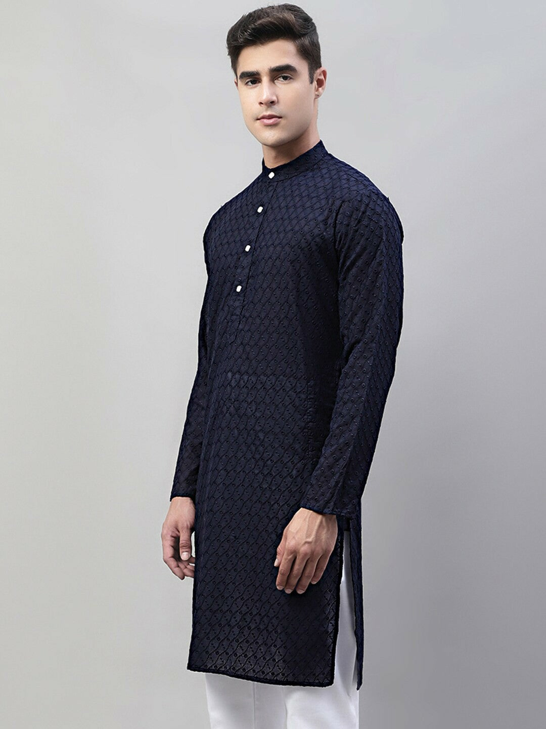 Men’s Navy Blue Embroidered Cotton Kurta – Mandarin Collar