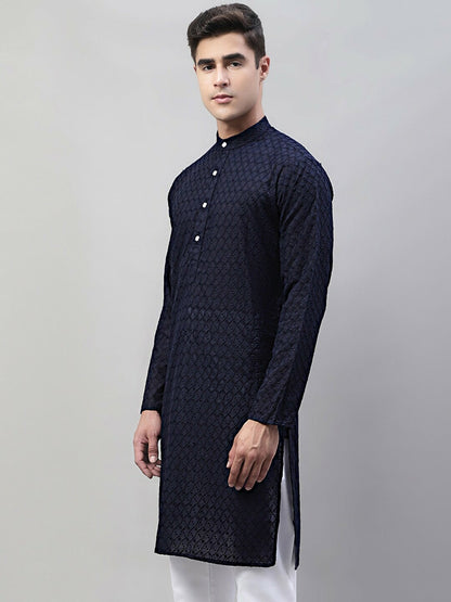 Men’s Navy Blue Embroidered Cotton Kurta – Mandarin Collar