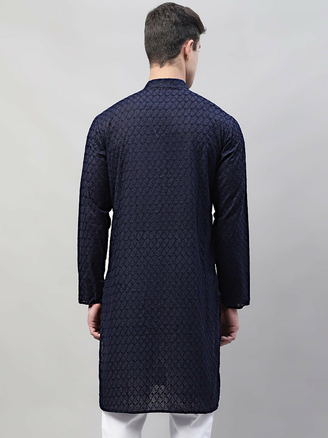 Men’s Navy Blue Embroidered Cotton Kurta – Mandarin Collar
