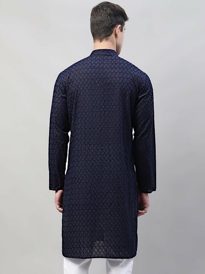 Men’s Navy Blue Embroidered Cotton Kurta – Mandarin Collar