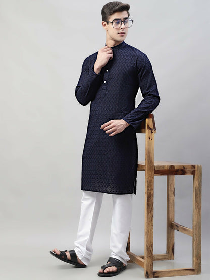 Men’s Navy Blue Embroidered Cotton Kurta – Mandarin Collar