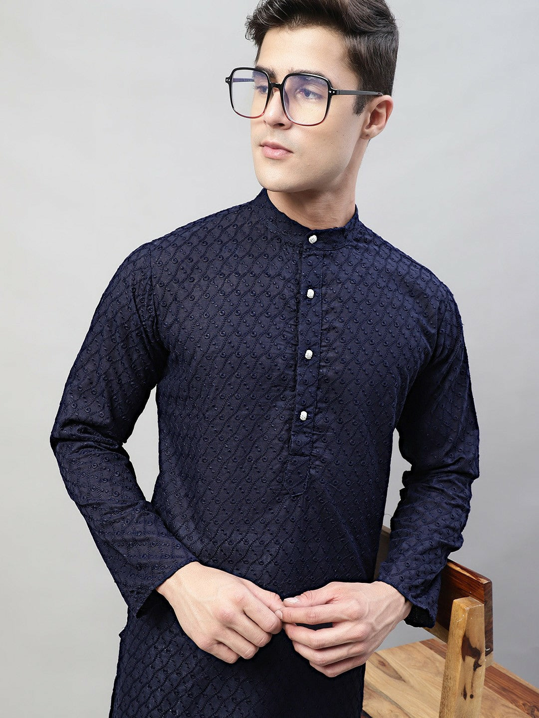 Men’s Navy Blue Embroidered Cotton Kurta – Mandarin Collar