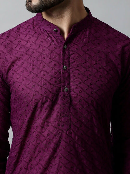 Men’s Purple Embroidered Cotton Kurta – Mandarin Collar, Straight Fit