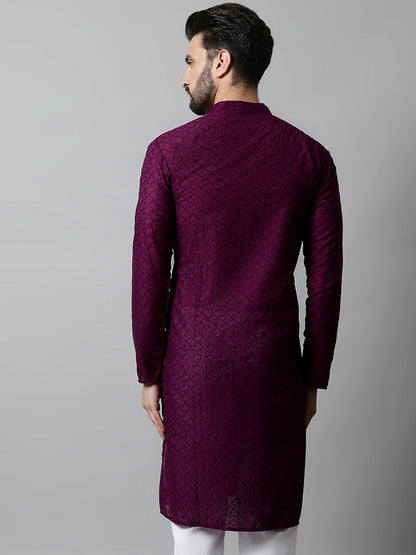 Men’s Purple Embroidered Cotton Kurta – Mandarin Collar, Straight Fit