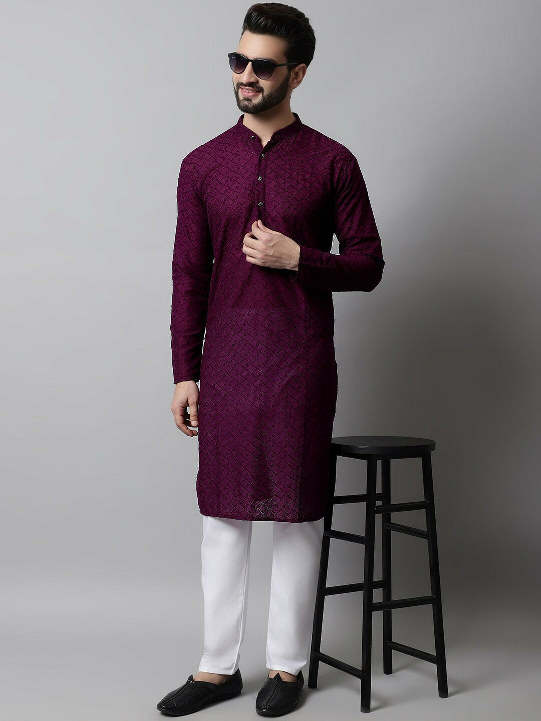 Men’s Purple Embroidered Cotton Kurta – Mandarin Collar, Straight Fit