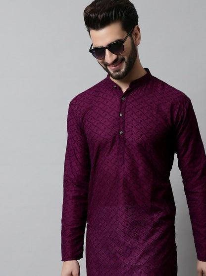 Men’s Purple Embroidered Cotton Kurta – Mandarin Collar, Straight Fit