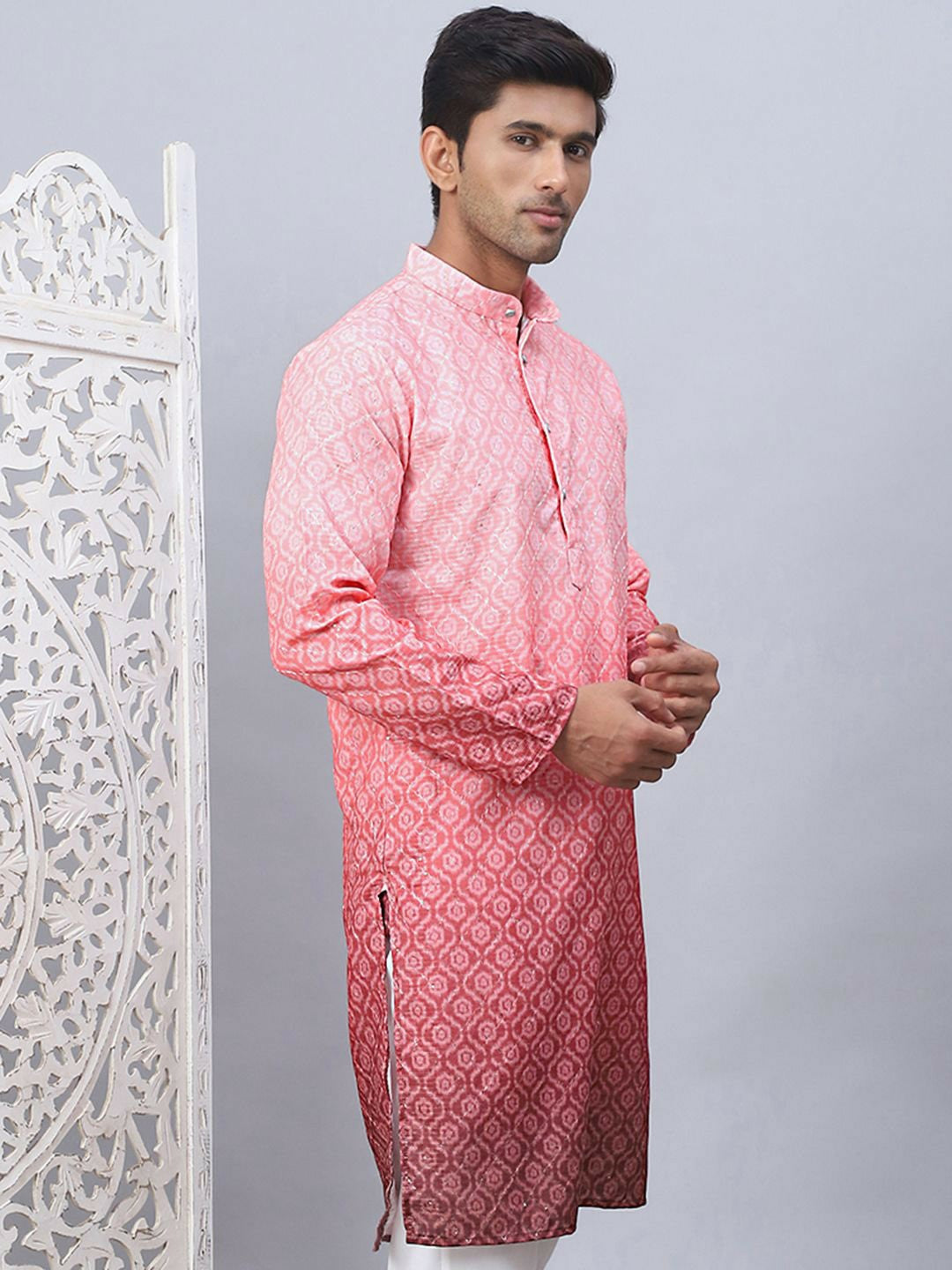 Men’s Coral Red Cotton Kurta – Ethnic Motif with Mandarin Collar