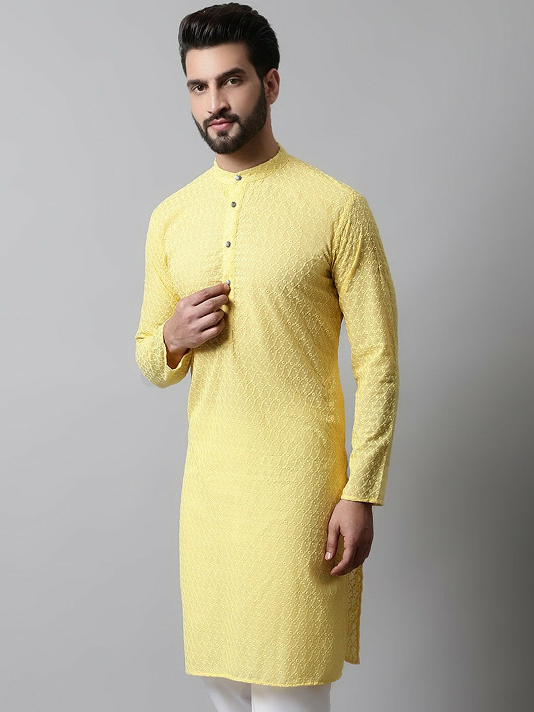 Men’s Sunshine Yellow Embroidered Cotton Kurta – Mandarin Collar