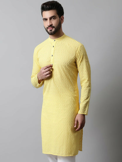 Men’s Sunshine Yellow Embroidered Cotton Kurta – Mandarin Collar