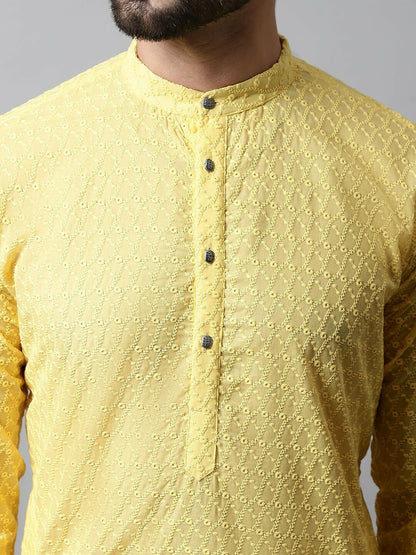 Men’s Sunshine Yellow Embroidered Cotton Kurta – Mandarin Collar