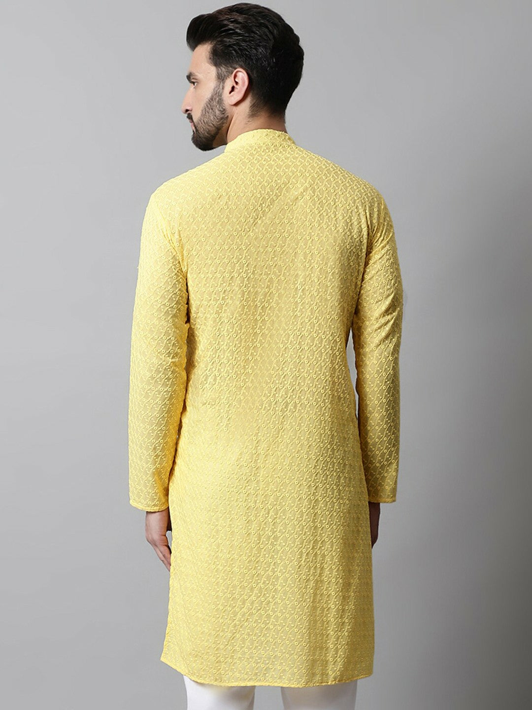 Men’s Sunshine Yellow Embroidered Cotton Kurta – Mandarin Collar