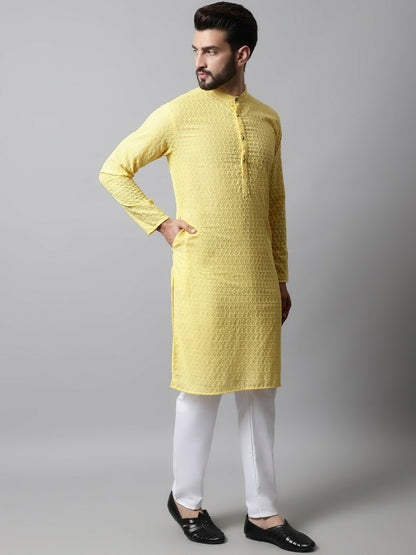 Men’s Sunshine Yellow Embroidered Cotton Kurta – Mandarin Collar