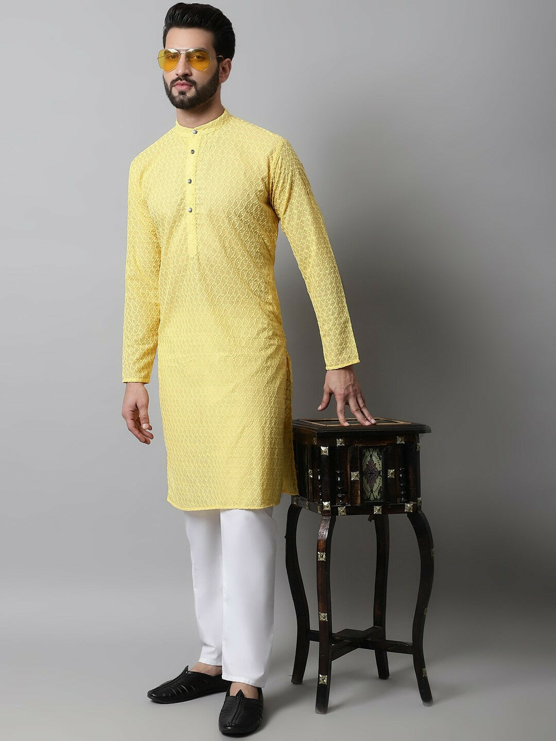 Men’s Sunshine Yellow Embroidered Cotton Kurta – Mandarin Collar